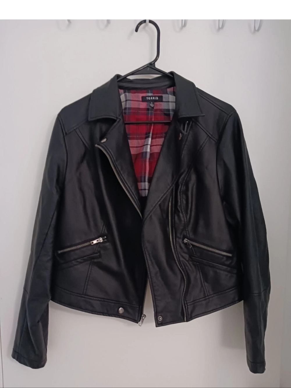 torrid Black Faux Leather Moto Jacket with Red Plaid Lining